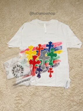 Chrome Hearts White Short Sleeve Tee with Multi-Color Cross Motifs